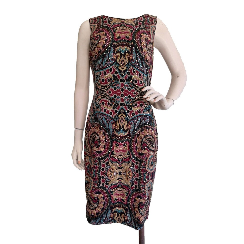 JOSEPH RIBKOFF Dress Jewel Toned Print Gold Accents Sleeveless Stretch US 12